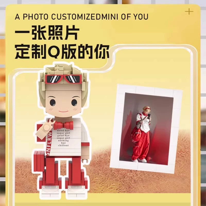 Square head boy photo studio photo customization building block portrait birthday gift DIY figure for boyfriend and girlfriend ornament